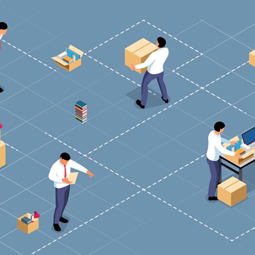 Grafik: Mehrere Personen packen Sachen in einem Büro zusammen und tragen Kartons umher.
