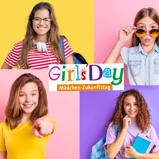 Collage von vier Mädchen und dem Girls'Day-Logo