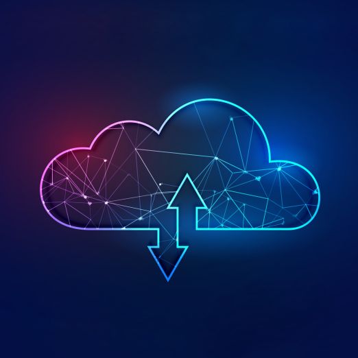 Grafik: Eine Cloud (Wolke) mit Pfeilen, die einmal in die Cloud hinein und einmal von ihr weg zeigen.