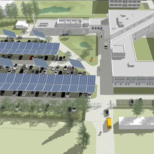 Visualisierung der geplanten Photovoltaik-Anlage auf dem DVZ-Mitarbeiterparkplatz
