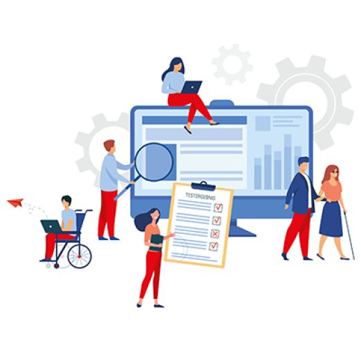 Grafik: Abbildung eines Computerbildschirms, um den herum mehrere Personen in Aktion gezeigt werden.