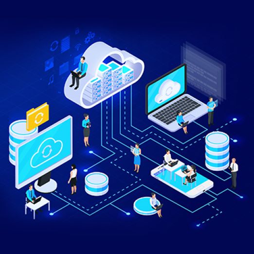 Grafik: Eine Cloud, die mit verschiedenen mobilen Endgeräten und Datenspeichern verbunden ist.