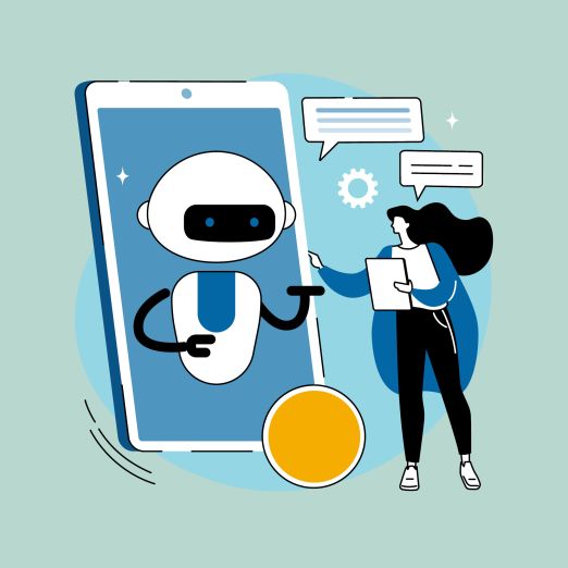 Grafik einer Frau, die mit einem Sprachbot in einem Handy kommuniziert