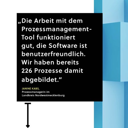 Zitat von Janine Kabs: Die Arbeit mit dem Prozessmanagement-Tool funktioniert gut, die Software ist benutzerfreundlich. Wir haben bereits 226 Prozesse damit abgebildet.